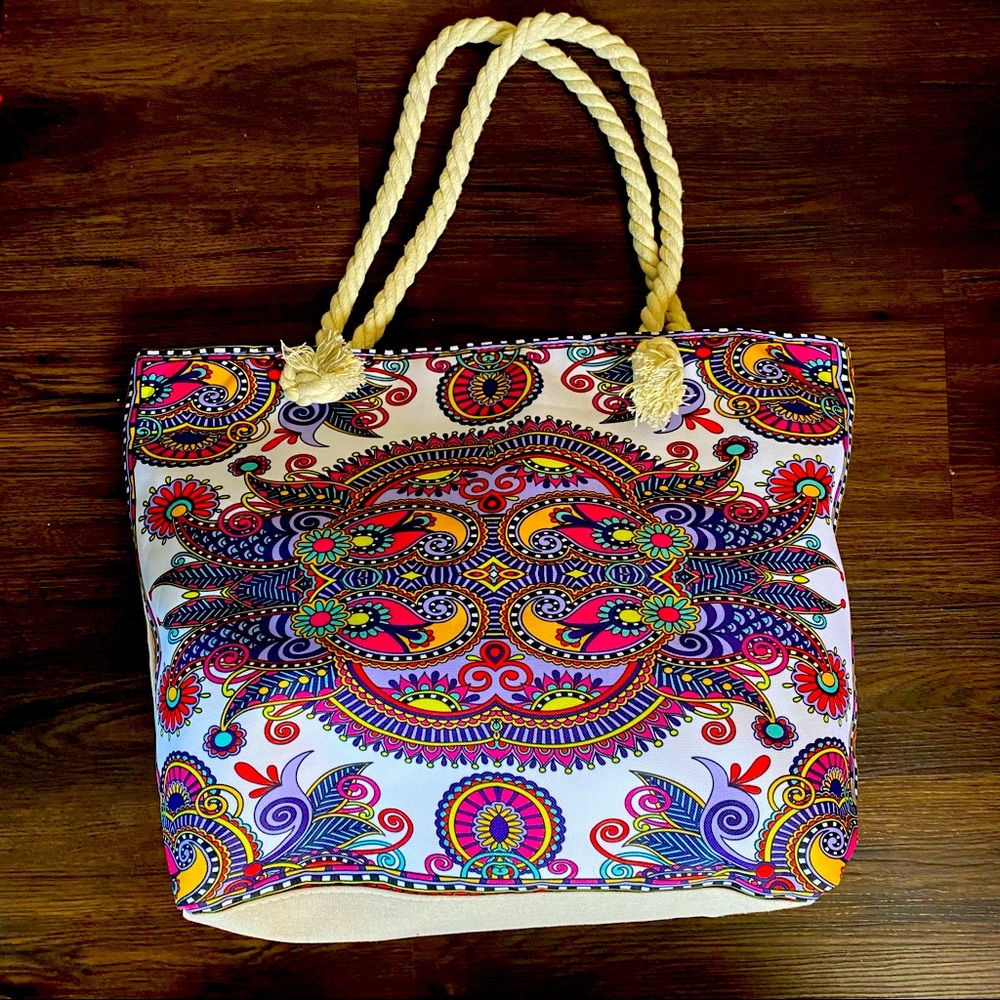 Large Multicolor Canvas Mixed Print Tote/Beach Bag/Shopping Bag w/ Rope Handles